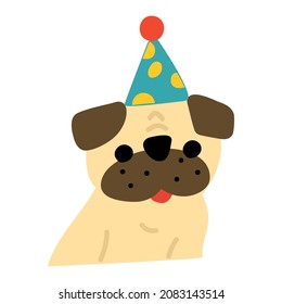 Face of pug wearing party hat. Hand drawn illustration on white background. 