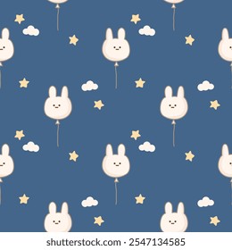 Face rabbit balloon cartoon so cute. On cloud star blue background. Pattern seamless vector illustration. 