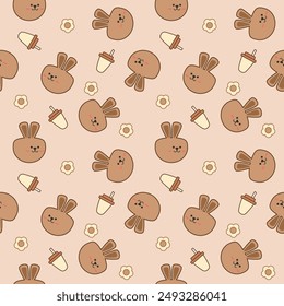 Face rabbit brown cartoon so cute. On coffee cup flower background. Pattern seamless vector illustration. 