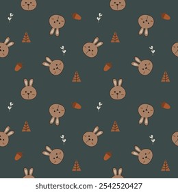 Face rabbit brown cartoon so cute. On tree acorn flower background. Pattern seamless vector illustration. 