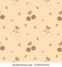 Face rabbit and capybara cartoon so cute. On cherry leaf bow background. Pattern seamless vector illustration. 