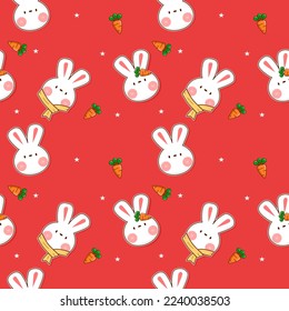 Face rabbit cartoon so cute.on carrot star red background.happy new year 2023.pattern seamless vector illustration.

