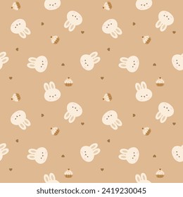 Face rabbit cartoon so cute. On cupcake heart brown background. Pattern seamless vector illustration. 
