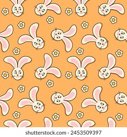 Face rabbit cartoon so cute. On flower yellow background. Pattern seamless vector illustration. 