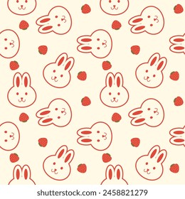 Face rabbit cartoon so cute. On strawberry background. Pattern seamless vector illustration. 
