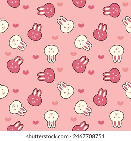 Face rabbit cartoon so cute. On heart pink background. Pattern seamless vector illustration. 