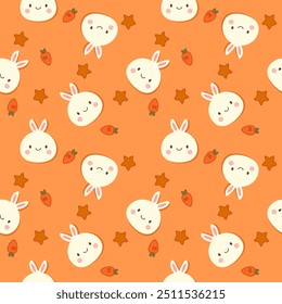 Face rabbit cartoon so cute. On carrot star and orange background. Pattern seamless vector illustration. 
