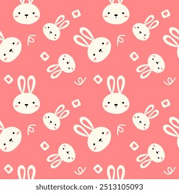 Face rabbit cartoon so cute. On heart pink background. Pattern seamless vector illustration. 
