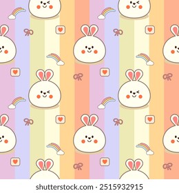 Cara de conejo de dibujos animados tan lindo. Sobre fondo de nudo de corazón de nube de arco iris. Patrón de Ilustración vectorial sin fisuras. 
