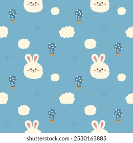 Face rabbit cartoon so cute. On cloud hot air balloon light blue background. Pattern seamless vector illustration. 