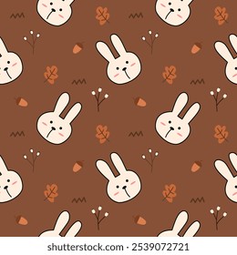 Face rabbit cartoon so cute. On leaf flower acorn brown background. Hello autumn. Pattern seamless vector illustration. 