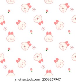 Face rabbit cartoon so cute. On flower heart white background. Pattern seamless vector illustration. 