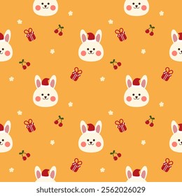 Face rabbit cartoon so cute. On gift cherry yellow background. Pattern seamless vector illustration. 
