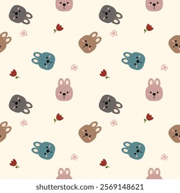 Face rabbit cartoon so cute. On flower heart background. Pattern seamless vector illustration. 