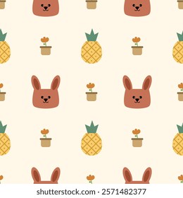 Face rabbit cartoon so cute. On pineapple flower background. Pattern seamless vector illustration. 
