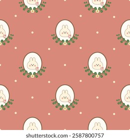 Face rabbit cartoon so cute. On polka dot pink background. Pattern seamless vector illustration. 