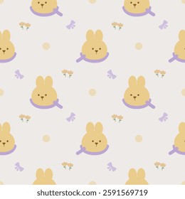 Face rabbit cartoon so cute. On flower bow polka dot background. Pattern seamless vector illustration. 