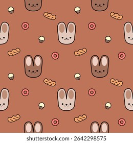 Face rabbit cartoon so cute. On bread cupcakes donut background. Pattern seamless vector illustration. 