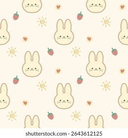 Face rabbit cartoon so cute. On strawberry sun heart background. Pattern seamless vector illustration. 
