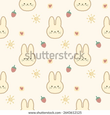 Face rabbit cartoon so cute. On strawberry sun heart background. Pattern seamless vector illustration. 