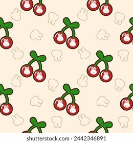 Face rabbit in cherry cartoon so cute. On face rabbit line background. Pattern seamless vector illustration. 

