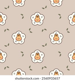 Face rabbit in flower cartoon so cute. On leaf background. Pattern seamless vector illustration. 
