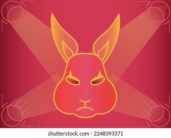 The face of the rabbit with golden stripes on a red background.