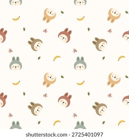 Rosto coelho e cabeça cachecol pastel desenho animado tão bonito. No fundo do arco de folha de banana. Ilustração de vetor uniforme de padrão. 