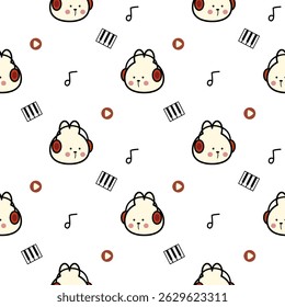 Face rabbit and headphone listen music cartoon so cute. On electronic keyboard white background. Pattern seamless vector illustration.  
