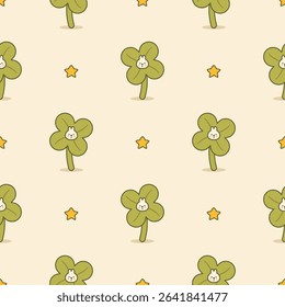 Face rabbit on clover leaf cartoon so cute. On star background. Pattern seamless vector illustration. 