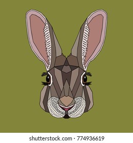 The face of a rabbit on a grassy-green background. Polygonal ornamental stylization. Vector illustration.