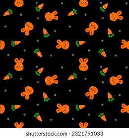 Face rabbit orange cartoon so cute. On carrot black background. Pattern seamless vector illustration.
