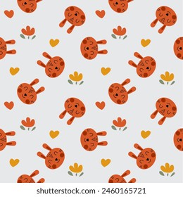 Face rabbit orange cartoon so cute. On flower heart background. Pattern seamless vector illustration. 
