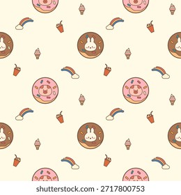 Rosto coelho e porco no desenho animado de rosquinha tão fofo. No sorvete bebe fundo de arco-íris nuvem. Ilustração de vetor uniforme de padrão. 