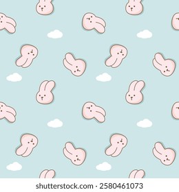 Face rabbit pink cartoon so cute. On cloud light blue background. Pattern seamless vector illustration. 