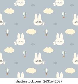 Face rabbit raise two fingers cartoon so cute. On cloud hot air balloon background. Pattern seamless vector illustration. 