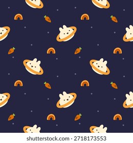 Cara de conejo Saturno de dibujos animados tan lindo. Sobre fondo de estrella de arcoíris de zanahoria. Patrón de Ilustración vectorial sin fisuras. 
