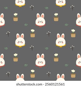 Face rabbit and scarf cartoon so cute. On flower pot leaf gray background. Pattern seamless vector illustration. 