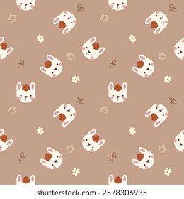 Face rabbit and strawberry cartoon so cute. On flower star bow brown background. Pattern seamless vector illustration. 