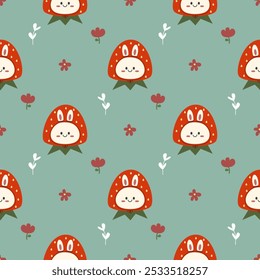 Face rabbit wear strawberry hat cartoon so cute. On flower green background. Pattern seamless vector illustration. 