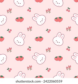 Face rabbit white cartoon so cute. On strawberry cherry pink background. Pattern seamless vector illustration. 