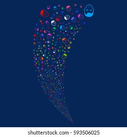 Face random fireworks stream. Vector illustration style is flat bright multicolored iconic symbols on a blue background. Object fountain constructed from scattered pictographs.