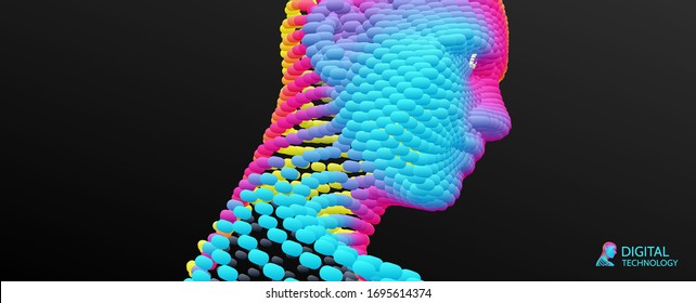 Face recognition. Abstract digital human head. Futuristic background. Vector Illustration for advertising, marketing or presentation. Artificial intelligence concept. 