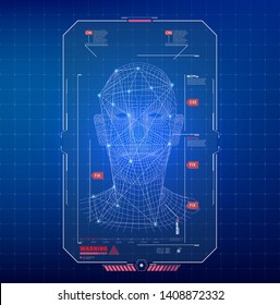 Face Recognition Abstract Tech Background. Biometric Identification or Recognition System of Person in style HUD UI. Vector Illustration