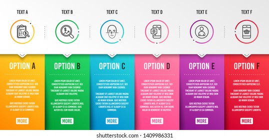 Face recognition, Accounting report and Avatar icons simple set. Currency audit, Weather phone and Smartphone buying signs. Faces biometrics, Check finance. Business set. Infographic template. Vector