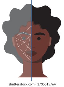 Face recognition of an African American woman as a security concept on CCTV cameras. Flat vector stock illustration with the face of a young or adult girl isolated on white background for design