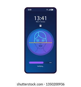 Face recognition app smartphone interface vector template. Mobile page blue design layout. Face lock. Facial scanner. Identity verification. Flat UI for application. Biometric security. Phone display