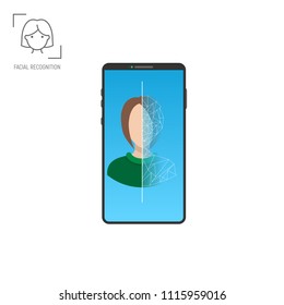 Face recognition application. Facial scanner and identification of person. Biometric security mobile technology. Modern mobile phone with woman face and identification process on screen.
