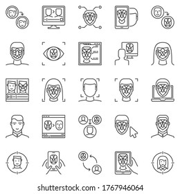 Face Recognition and Authentication outline icons set. Vector Deepfake technology concept symbols. Facial Recognition and verification linear signs