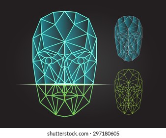 Face recognition - bio metric security system. Deepfake. Face scanning, front view of human head. Vector illustration